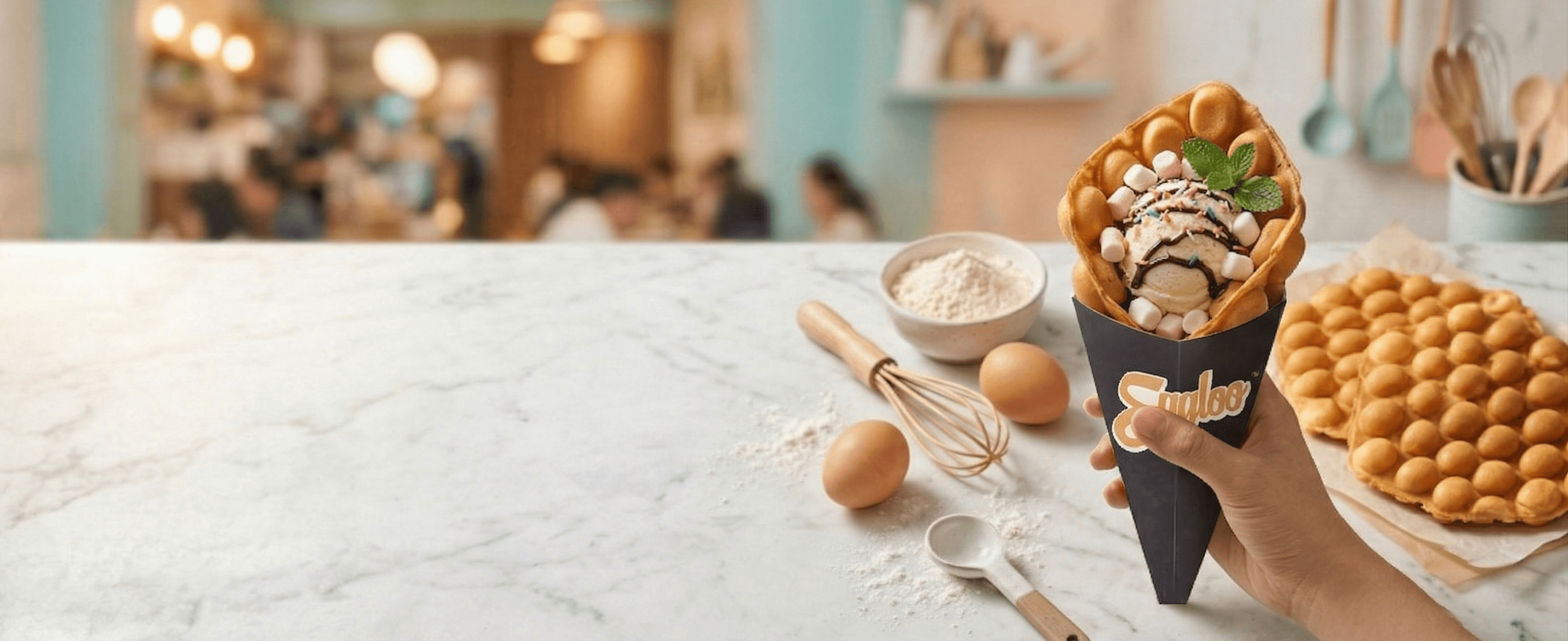 Eggloo egg waffle cone with ice cream and toppings