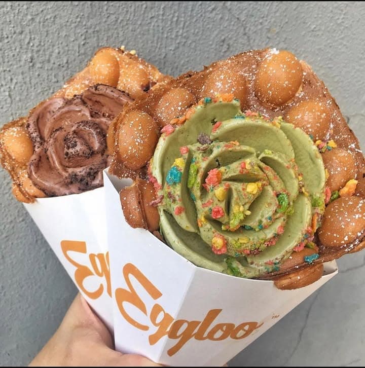 Chocolate and matcha ice cream roses in egg waffle cones
