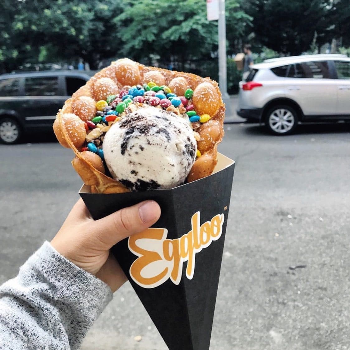 Cookies & cream egg waffle cone topped with candy