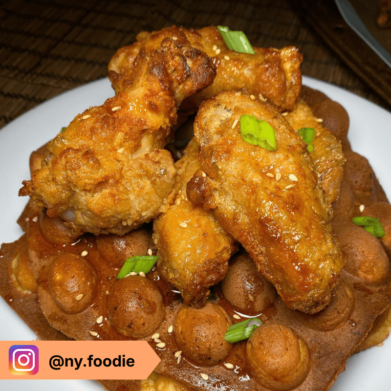 Chicken wings on egg waffles by @ny.foodie